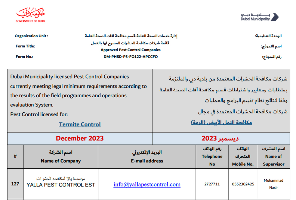 Yalla Termite Control Dubai Municipality Approval