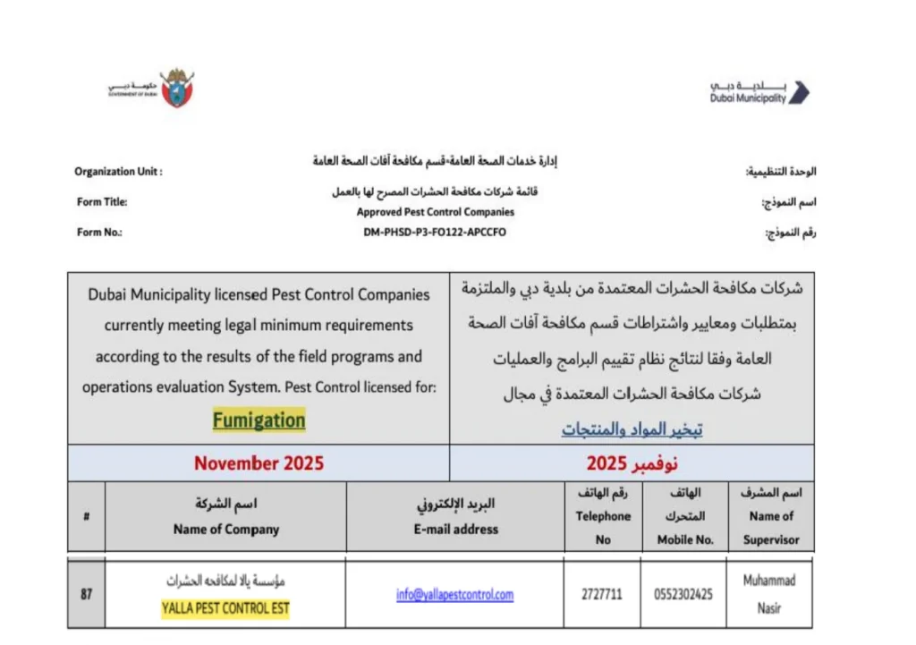 Yalla Pest Control - Dubai Municipality Approved (Fumigation)