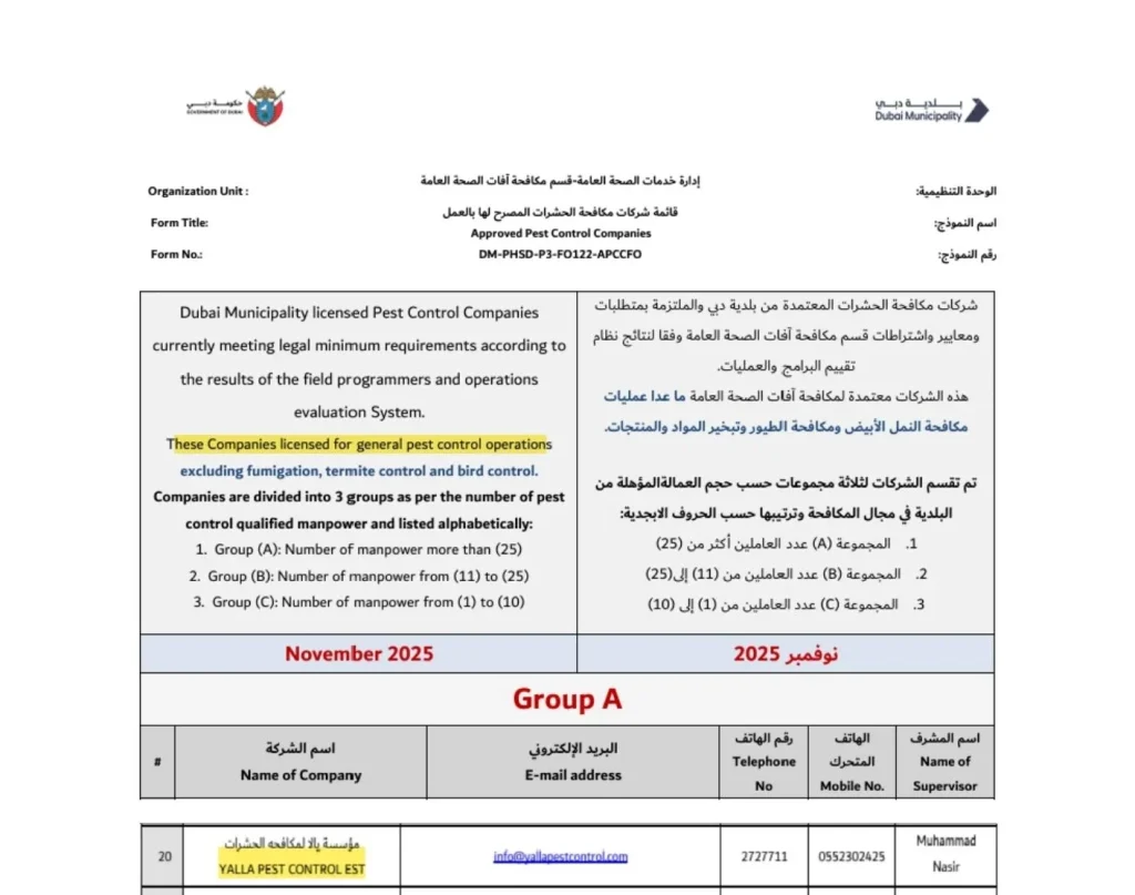 Yalla Pest Control - Dubai Municipality Approved (General Pest Control, Group A)