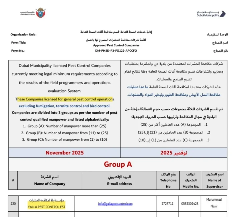 Yalla Pest Control - Dubai Municipality Approved Pest Control Companies List (Group A)